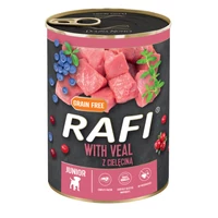 RAFI Junior kutya pástétom borjú, vörös- és kék áfonyával konzerv 400g