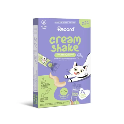 RECORD CREAM SHAKE INTESTINAL CARE Funkcionális Jutalomfalat Macskáknak Makrélás 7x12 g